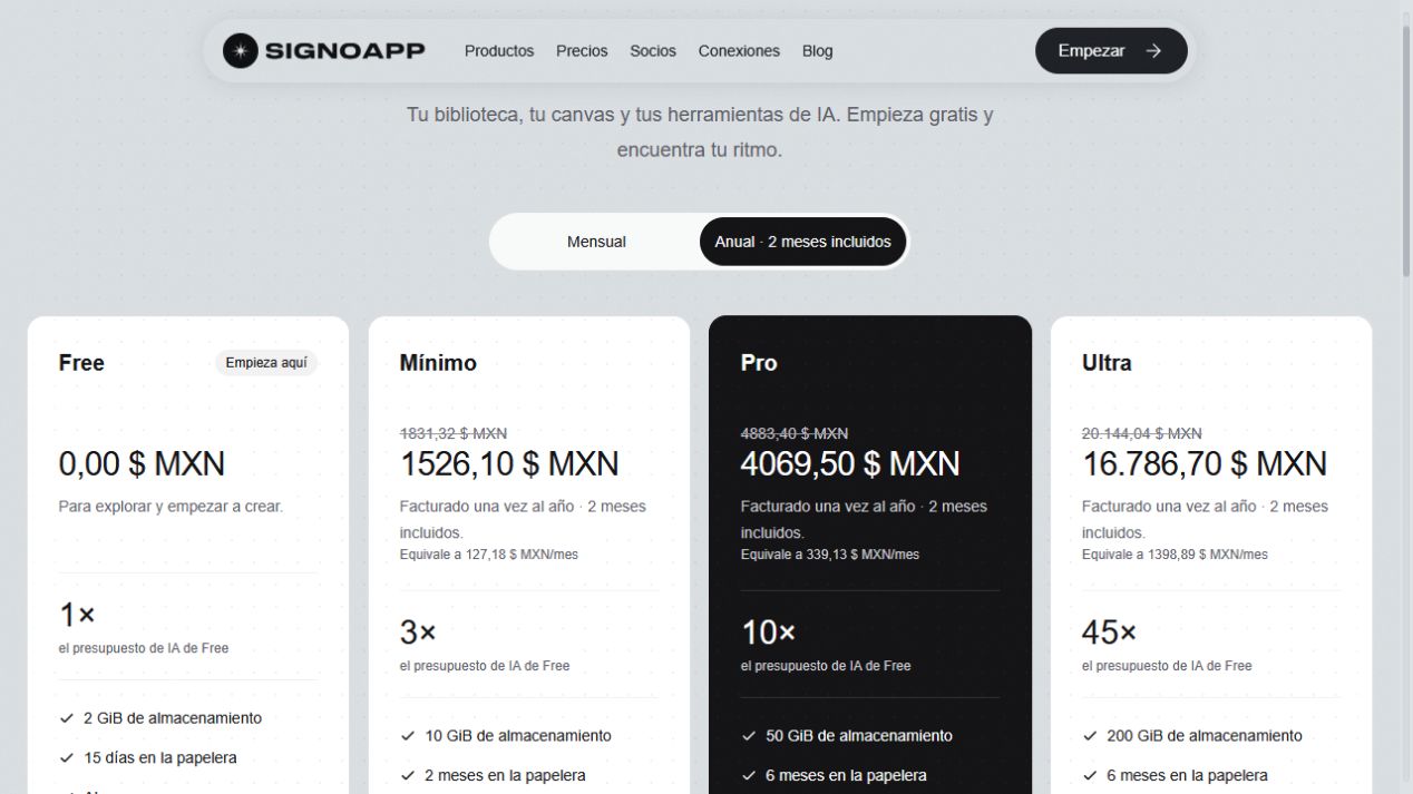 Public Signoapp pricing page showing the annual Free, Mínimo, Pro and Ultra plan cards.
