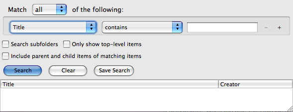 Zotero advanced search with field conditions and matching options.