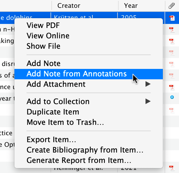 Creating a Zotero note from PDF annotations while retaining source links.