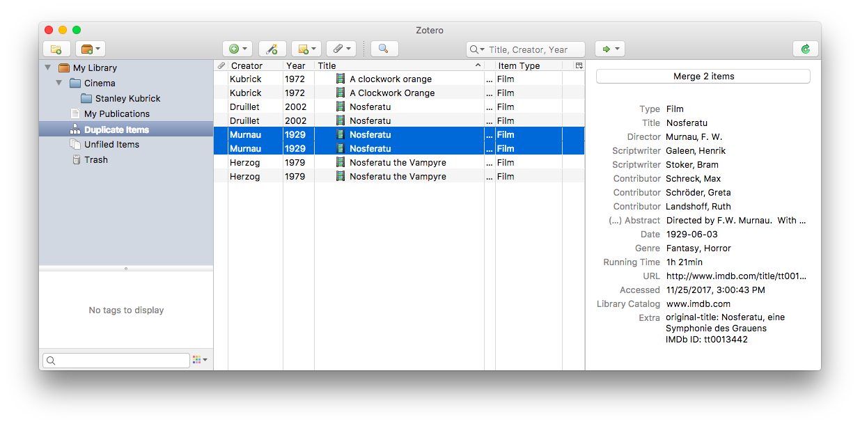 Zotero-Dublettenvergleich mit Schaltfläche zum Zusammenführen und sichtbaren Metadatenfeldern.