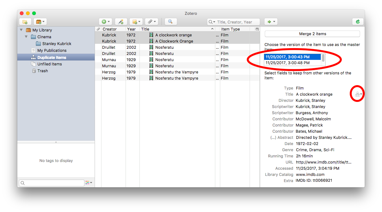 Selecting duplicate Zotero records before checking their fields.