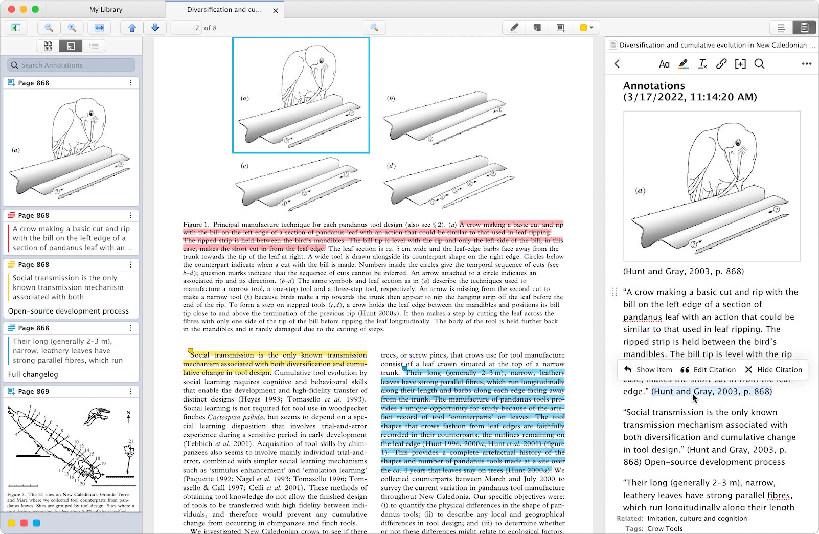Lector PDF de Zotero con miniaturas, subrayados y notas vinculadas a la fuente.