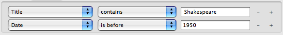 Zotero advanced search combining a title condition with a publication date before 1950.