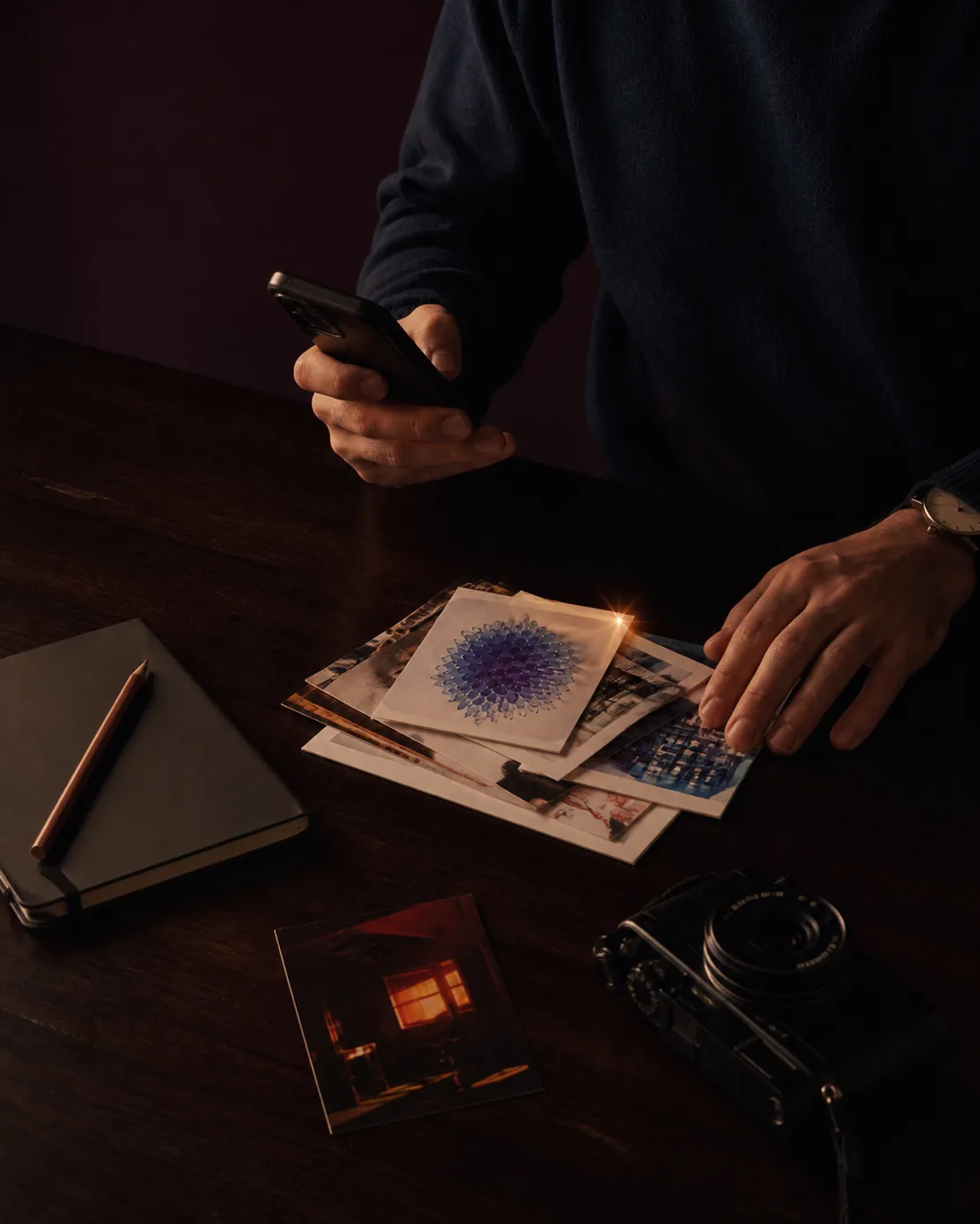 A person collecting photographs and ideas at a desk