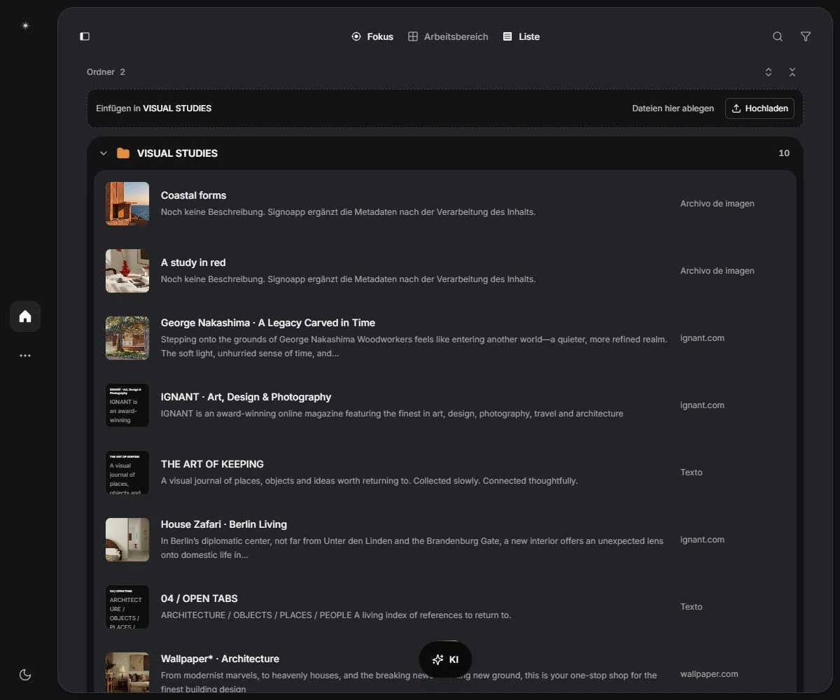 Der WEB_DESIGN-Bereich, der in der organisierten Listenansicht von Signoapp angezeigt wird