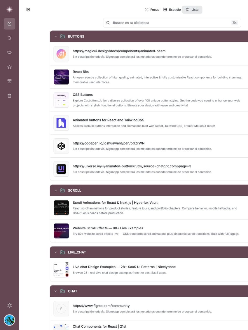 The WEB_DESIGN space shown in Signoapp's organized list view